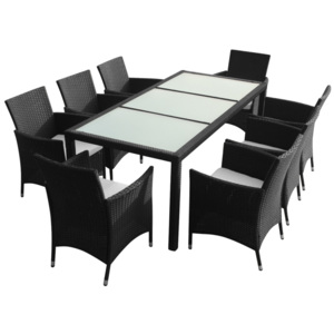 40895 Poly Ratanový čierny záhradný nábytok, 1 stôl, 8 stoličiek