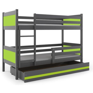 Poschodová posteľ BALI + UP + matrac + rošt ZADARMO, 190x80 cm, grafit/zelený