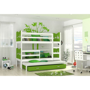 Detská drevená poschodová posteľ FOX 3 color + matrac + rošt ZADARMO, 184x80 cm, biela/srdce/zelená