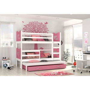 Detská drevená poschodová posteľ FOX 3 color + matrac + rošt ZADARMO, 184x80 cm, biela/srdce/ružová