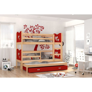 Detská drevená poschodová posteľ FOX 3 + matrac + rošt ZADARMO, 184x80 cm, borovice/srdce/červená