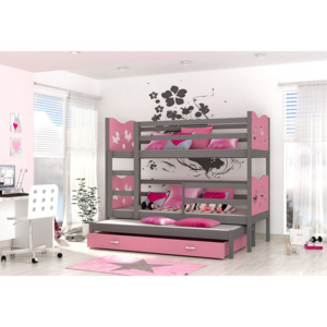 Detská drevená poschodová posteľ FOX 3 color + matrac + rošt ZADARMO, 184x80 cm, šedá/srdce/ružová