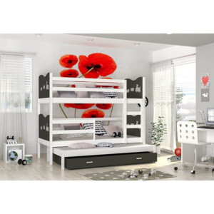 Detská drevená poschodová posteľ FOX 3 color + matrac + rošt ZADARMO, 184x80 cm, biela/srdce/šedá