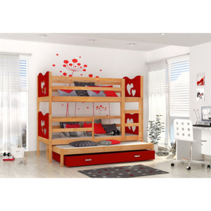 Detská drevená poschodová posteľ FOX 3 + matrac + rošt ZADARMO, 184x80 cm, olcha/srdce/ružová