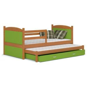 Detská rozkladacia posteľ MATES P2 + matrac + rošt ZADARMO, masiv, 184x80 cm, olcha/zelená