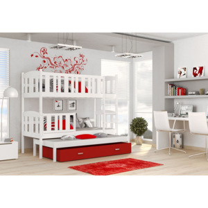 Detská poschodová posteľ KUBA 3 color + matrac + rošt ZADARMO, 184x80 cm, biela/červená