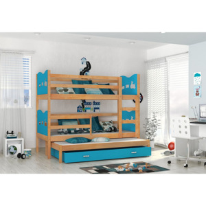 Detská drevená poschodová posteľ FOX 3 + matrac + rošt ZADARMO, 184x80 cm, olcha/srdce/modrá