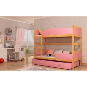 Detská poschodová posteľ so zábranou SWING, 190x90 cm, jelša/ružový