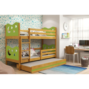 Poschodová posteľ KAMIL 3 + matrac + rošt ZADARMO, 80x160, jelša/zelená