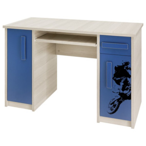 Písací stôl SEINA, 76x120x60 cm, jaseň/modrá, aplikácie moto