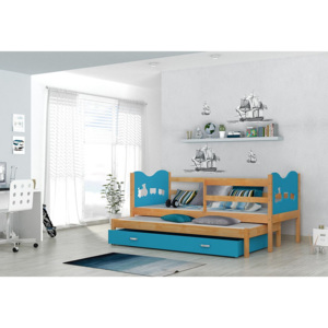 Detská drevená posteľ FOX P2 + matrac + rošt ZADARMO, 184x80 cm, olcha/srdce/modrá