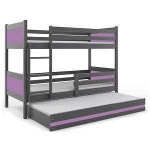 Poschodová posteľ BALI 3 + matrac + rošt ZADARMO, 190x80 cm, grafit/fialový