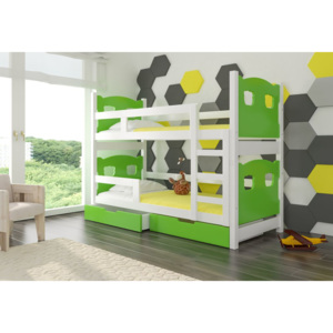 Poschodová detská posteľ DAREBA + matrac + rošt ZADARMO,160x188x81 cm, biela/zelená