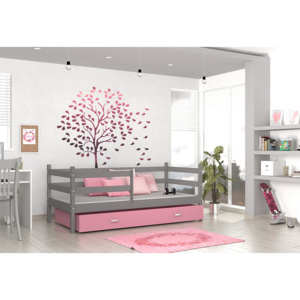 Detská posteľ RACEK P color s vysokou zábranou + matrac + rošt ZADARMO, 184x80 cm, šedá/ružová