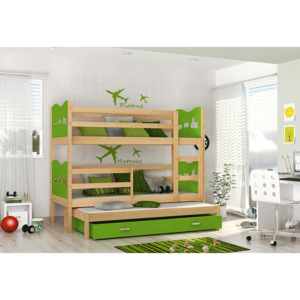 Detská drevená poschodová posteľ FOX 3 + matrac + rošt ZADARMO, 184x80 cm, borovice/srdce/zelená