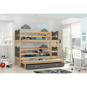 Detská drevená poschodová posteľ FOX 3 + matrac + rošt ZADARMO, 184x80 cm, borovice/srdce/šedá