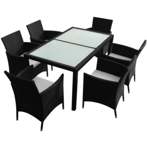 40892 Poly Ratanový čierny záhradný nábytok, 1 stôl, 6 stoličiek