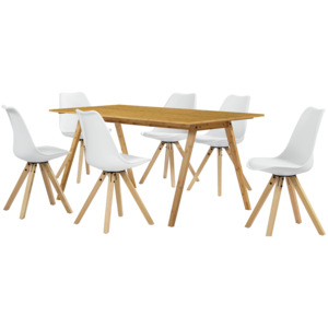 [en.casa]® Dizajnový bambusový jedálenský stôl HTNT4301 so 6 bielymi stoličkami HTMS-2852