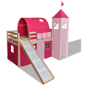 Detská drevená poschodová posteľ so šmykľavkou a rebríkom, ružová
