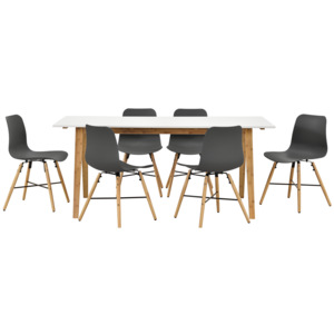 [en.casa]® Dizajnový bambusový jedálenský stôl HTNT4302 so 6 sivými stoličkami HTMD-6522