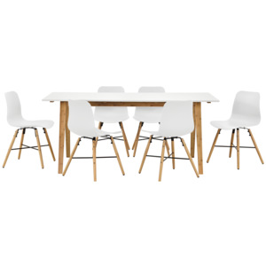 [en.casa]® Dizajnový bambusový jedálenský stôl HTNT4302 so 6 bielymi stoličkami HTMD-6521