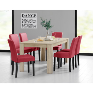 [en.casa]® Rustikálny dubový jedálenský stôl so 6 stoličkami - svetlý stôl - tmavo červené stoličky