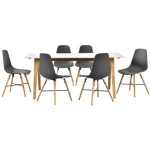 [en.casa]® Dizajnový bambusový jedálenský stôl HTNT4302 so 6 sivými stoličkami HTMD-6525