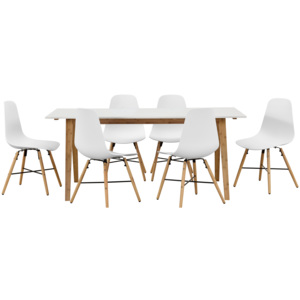 [en.casa]® Dizajnový bambusový jedálenský stôl HTNT4302 so 6 bielymi stoličkami HTMD-6524