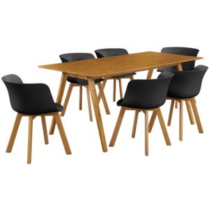 [en.casa]® Dizajnový bambusový jedálenský stôl HTNT4301 so 6 čiernymi stoličkami HTFL-6304