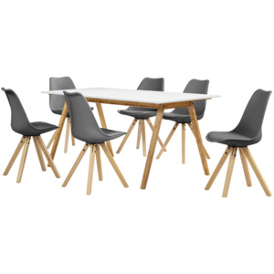 [en.casa]® Dizajnový bambusový jedálenský stôl - 180 x 80 cm - biely - so 6 sivými stoličkami