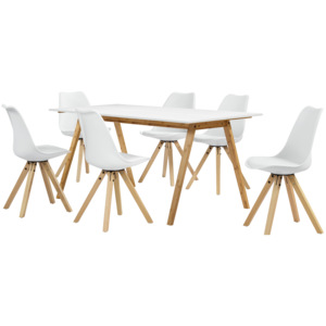 [en.casa]® Dizajnový bambusový jedálenský stôl HTNT4302 so 6 bielymi stoličkami HTMS-2852