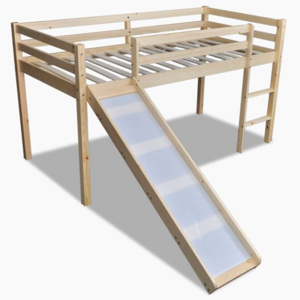 Detská drevená poschodová posteľ so šmykľavkou a rebríkom, prírodná