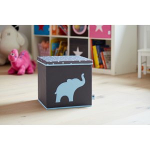 STORE !T Úložný box s vekom s modrým slonom - šedý, 33x33x33 cm
