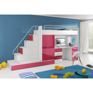 Detská poschodová posteľ DARCY V, 80x200 cm, stôl vpravo, biela/ružový lesk
