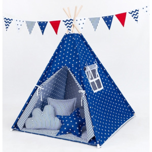 Stan pre deti teepee, típí s výbavou - Hviezdičky biele na modrom / modré prúžky