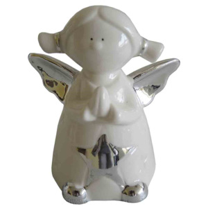 StarDeco Dekoratívny keramický anjelik biela, 9,5 cm