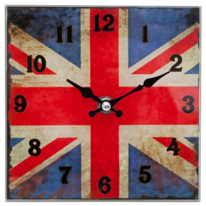 Štťvorcové nástenné hodiny s motívom anglickej vlajky, 15 x 15 cm