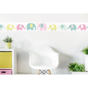 Lovely Label Samolepiaca tapeta na stenu "Slony" - biela s farebnými slonmi (pestré farby)
