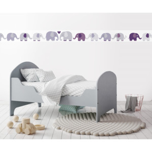 Lovely Label Samolepiaca tapeta na stenu "Slony" - biela s fialovo-šedými slonmi