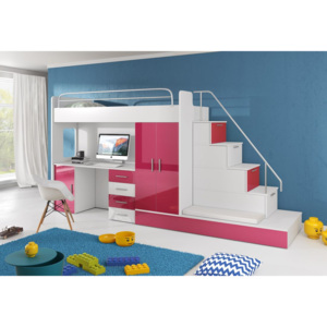 Detská poschodová posteľ DARCY V, 80x200 cm, univerzálna orientácia, biela/ružový lesk