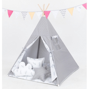 Stan pre deti teepee, típí s výbavou - mini hviezdičky biele na šedom/ víly sivé