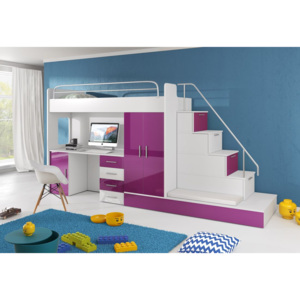 Detská poschodová posteľ DARCY V, 80x200 cm, univerzálna orientácia, biela/fialový lesk