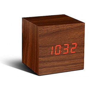 Budík na stôl Cube Walnut Click Clock / Red LED, Gingko - Orech