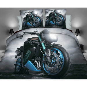 Sivé 3D posteľné obliečky s motívom modrej motorky