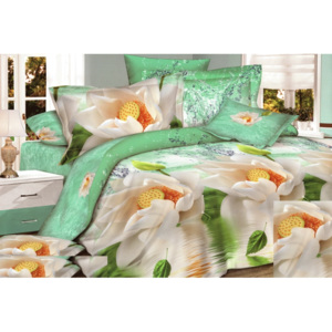 Zelená posteľná obliečka s 3D potlačou bieleho kvetu