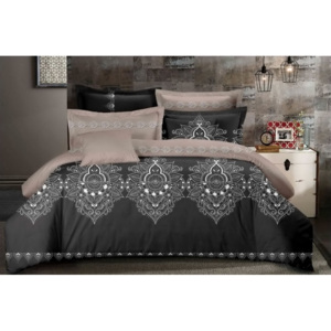 Béžovo sivé posteľné obliečky s bielym ornamentom
