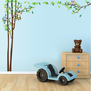 ZooYoo detská nálepka na stenu zelený strom, opica a sovy zvitok 60 x 90 cm, konečná veľkosť 175 x 220 cm