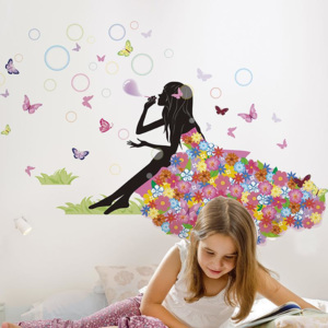 Girl Butterfly Wall Sticker Samolepka na stenu "Sediace dievča s motýľmi" 132x88 cm