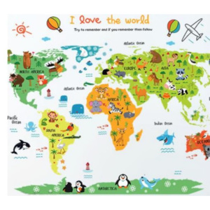 ZooYoo detská nálepka na stenu mapa sveta so zvieratkami zvitok 60 x 90 cm, konečná veľkosť cca: 88 x 110 cm