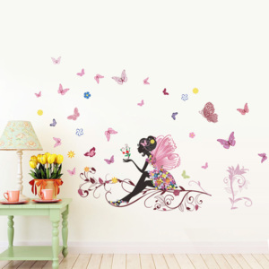 Plane Wall Sticker Samolepka na stenu "Dievča s krídlami a motýlmi" 120x80 cm